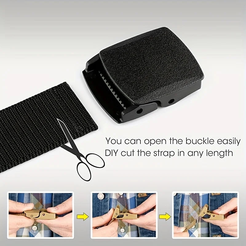 Adjustable Canvas Tactical Belt with Automatic Buckle – Non-Metal Outdoor Casual Belt (120–150 cm | 47–59 in)