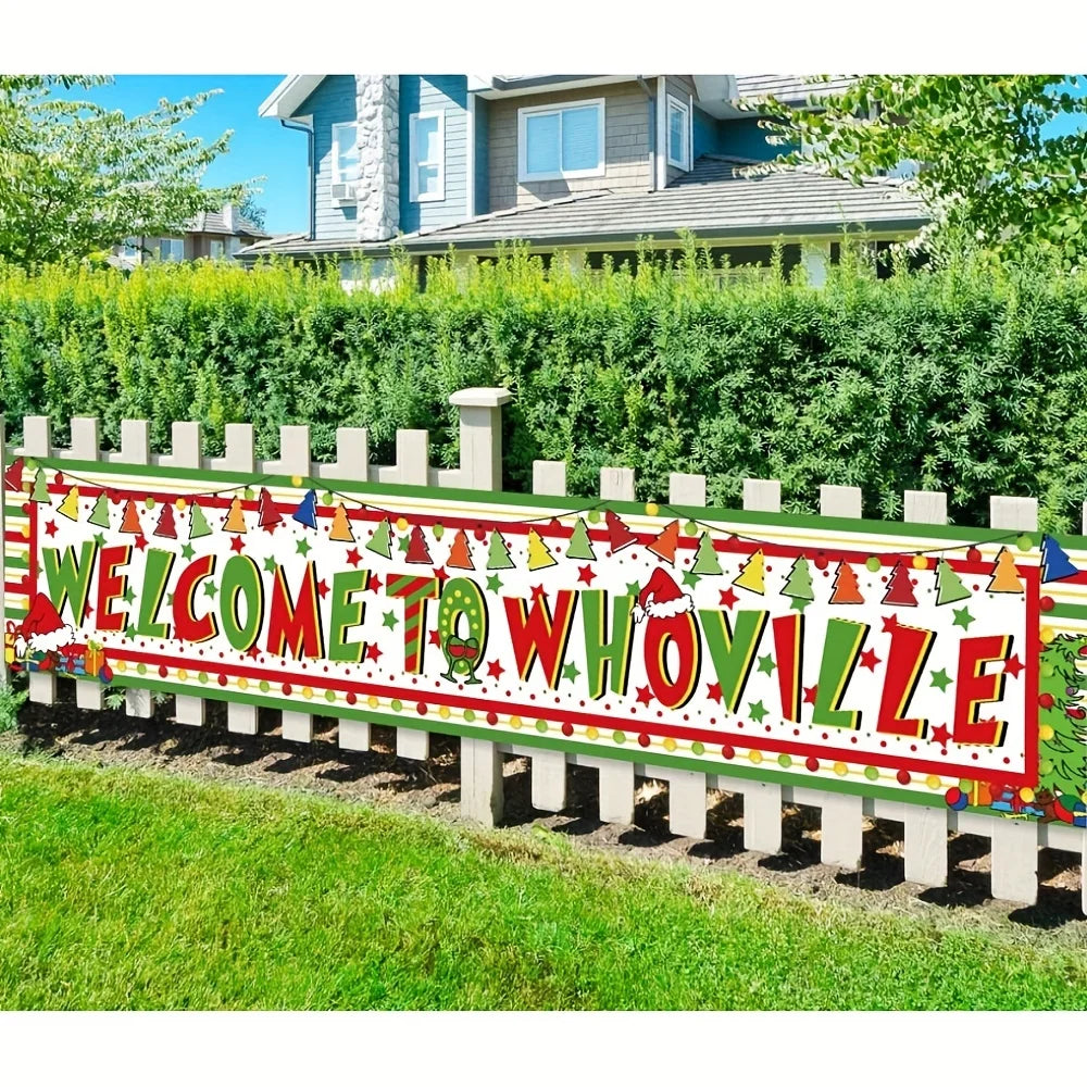 Large Welcome to Whoville Outdoor Christmas Banner - Grinch Yard Sign Hanging Decoration
