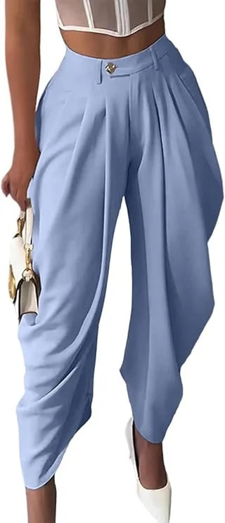 High-Waisted Pleated Wide-Leg Cropped Pants for Women – Loose Harem Skirt-Pant, Casual