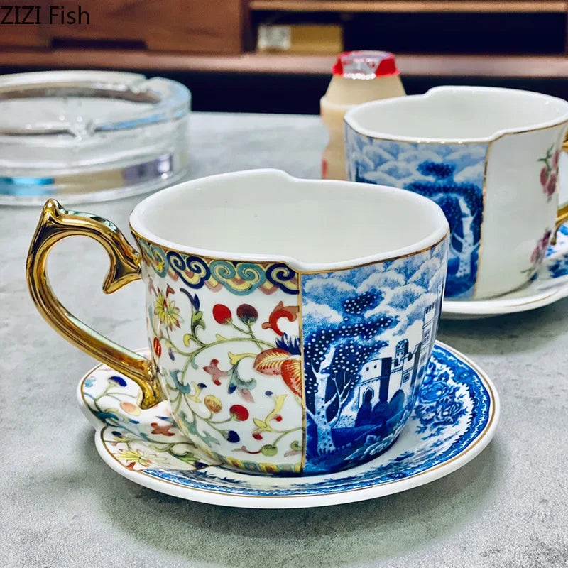 Luxury Porcelain Mug with Saucer & Tray - European Retro Afternoon Tea Coffee Cup