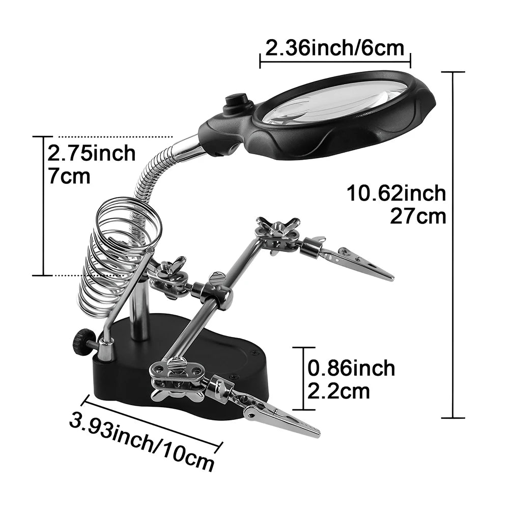 Dual Lens 3.5X/12X Soldering Magnifier with LED Lights & Alligator Clips, Adjustable Clamp Holder for PCB Repair