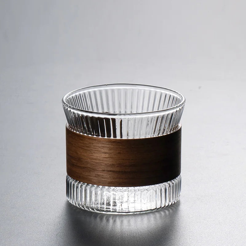 Japanese-Style Glass Coffee Mug with Walnut Sleeve – Kawaii Transparent Tea & Beer Cup