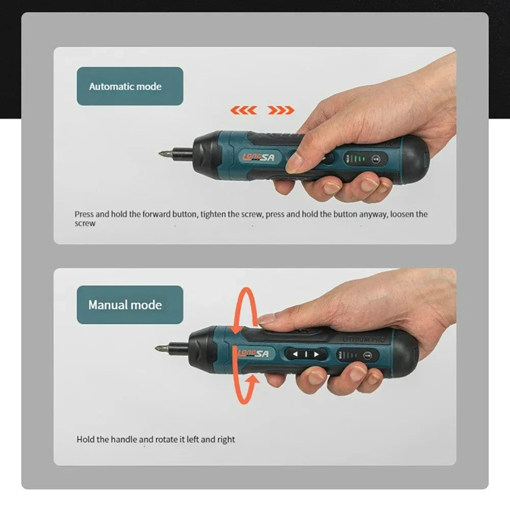 3.6V Mini Cordless Electric Screwdriver — Torque Adjustable Straight Handle, 6.35mm (1/4") Hex Chuck, 1300mAh Lithium Battery
