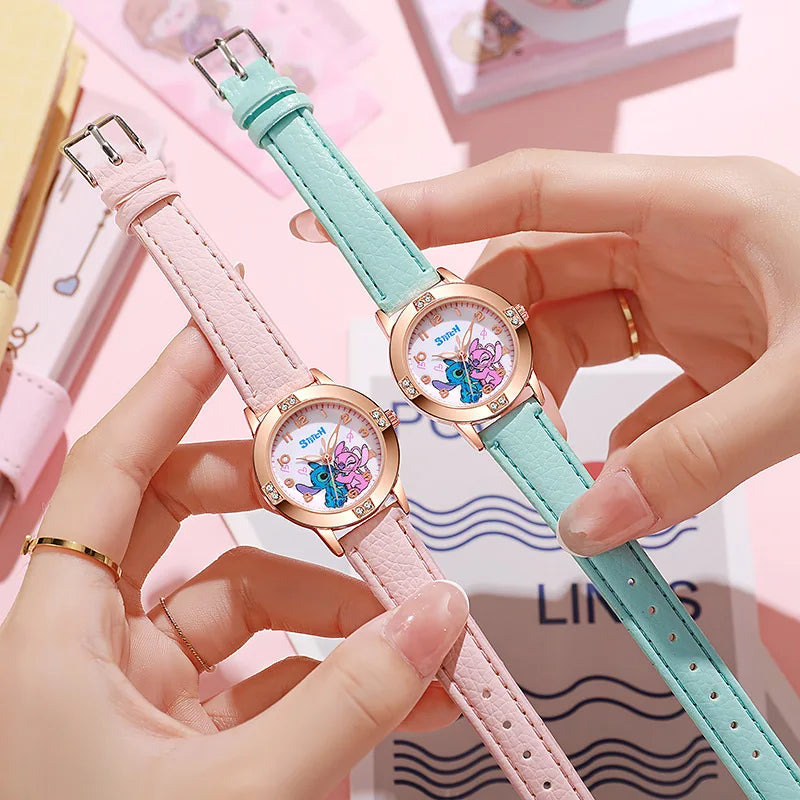 Girls Cartoon Leather Strap Watch with Rhinestone Dial — Rose Gold Cute Kids Watch