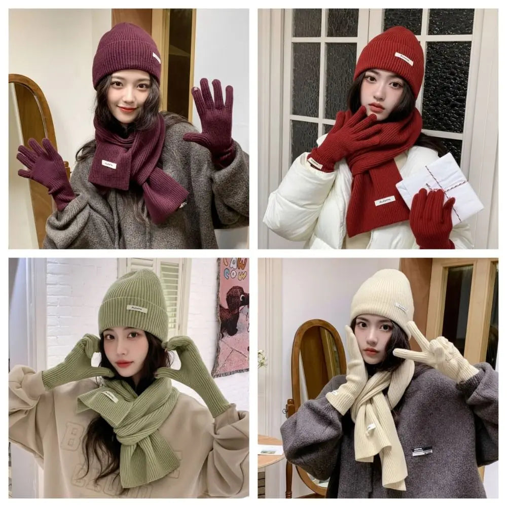 Women's 3-Piece Red Knit Cotton Hat, Scarf & Gloves Set — Thick Winter Beanie with Ear Protection, Warm Holiday Gift