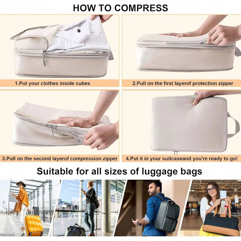 4/6-Pack Compressible Packing Cubes Waterproof Travel Organizers Portable Luggage and Handbag Storage