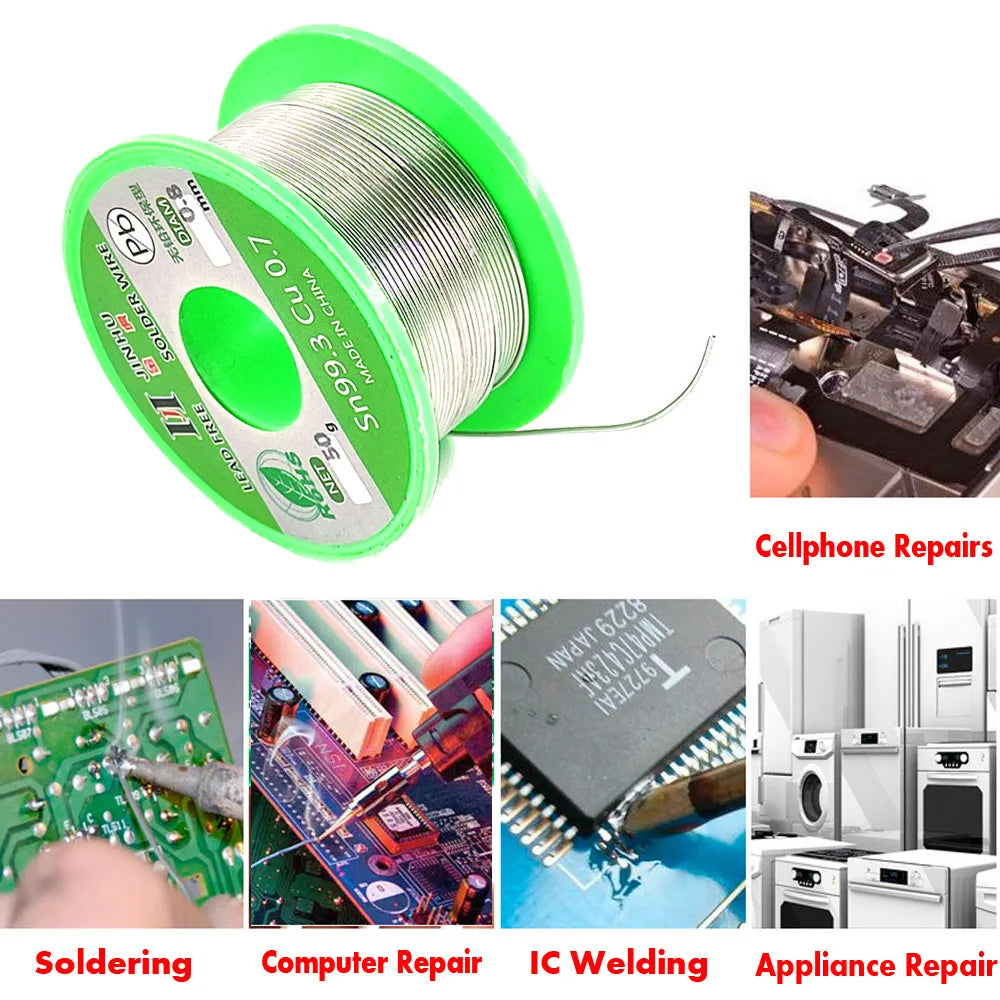 Lead-Free Solder Wire 99.7% Sn / 0.3% Cu — 2% Rosin Flux Core, Diameters 0.5/0.6/0.8/1.0mm, Reels 50g/100g/250g