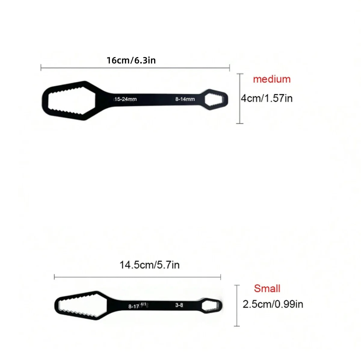 Adjustable Self-Tightening Double-Head Wrench Fits 3–17 mm & 8–22 mm (0.12–0.67 in & 0.31–0.87 in) for Cars, Bicycles and Home Repair