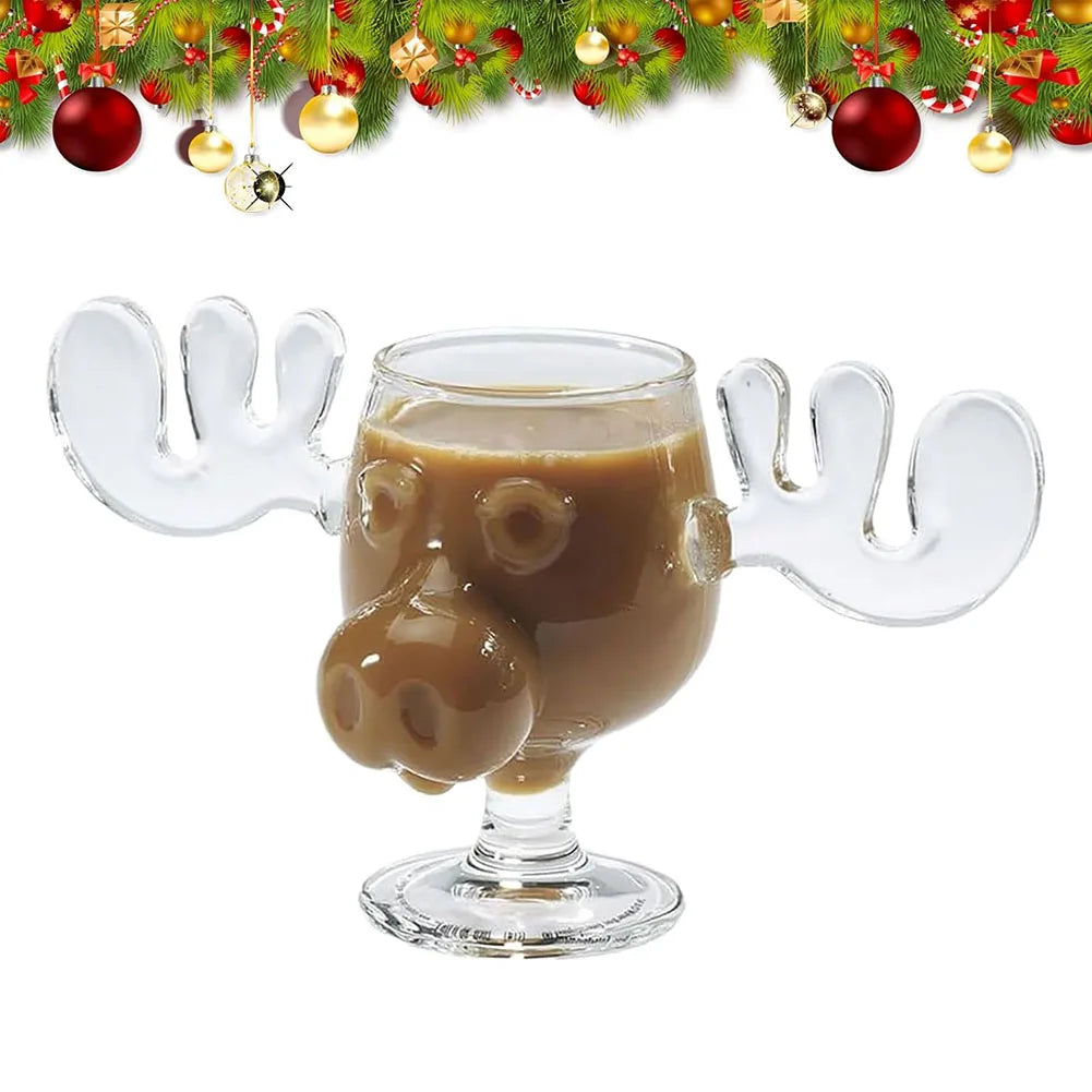 Christmas Moose Glass Mug 8oz (240ml) Reindeer Antler Holiday Drinkware 1/2/3 Pack