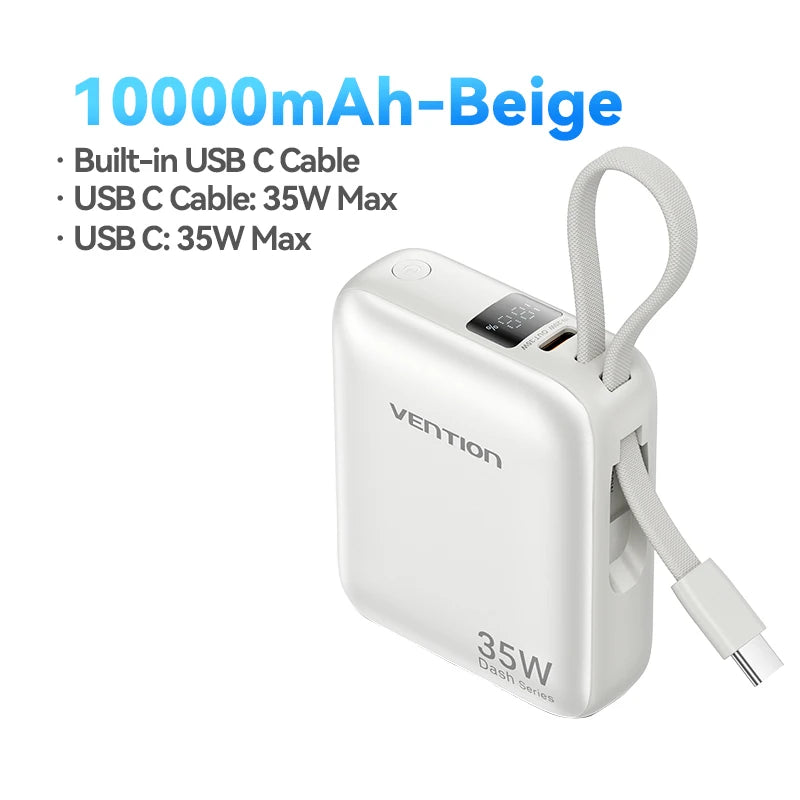 35W 10000mAh Mini Power Bank PD Fast Charge with Built-in USB-C Cable, LED Display, Dual-Port Portable Charger