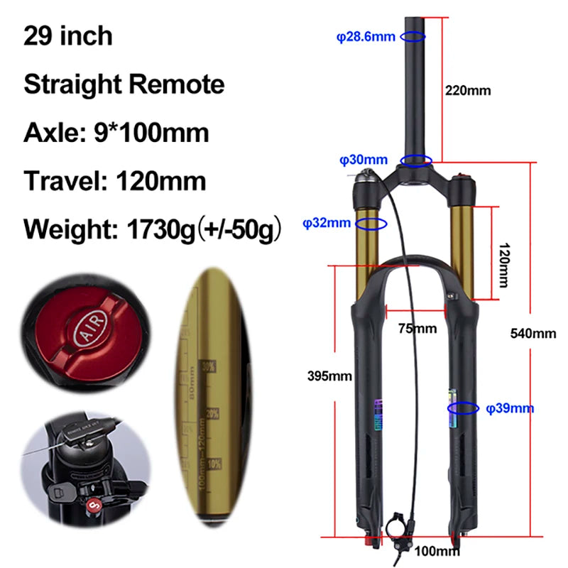 MTB Air Suspension Fork — 120mm Travel, Rebound Adjustable, 26/27.5/29 in, 9x100mm Quick Release, Disc Brake Compatible