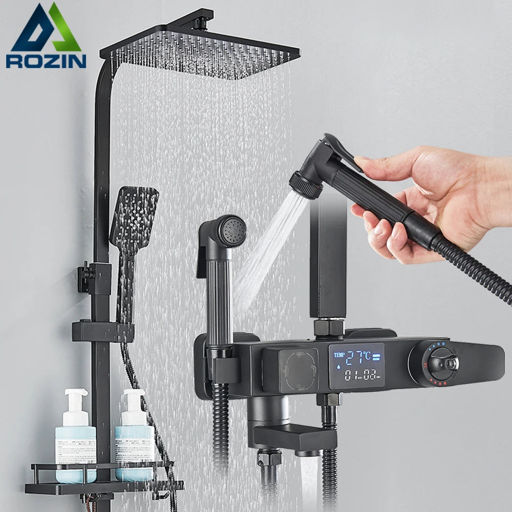 Black Digital Thermostatic Shower System 10-Inch (25.4 cm) Rainfall Head 4-Way Mixer with Digital Display, Slide Bar Shelf & Bidet Faucet