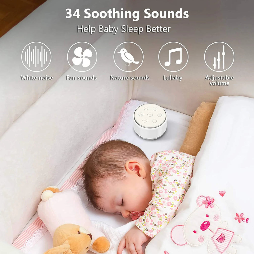 White Noise Machine for Baby – Portable Sleep Sound Machine with 34 Soothing Sounds, 7-Color Night Light, Timer & USB-C Rechargeable
