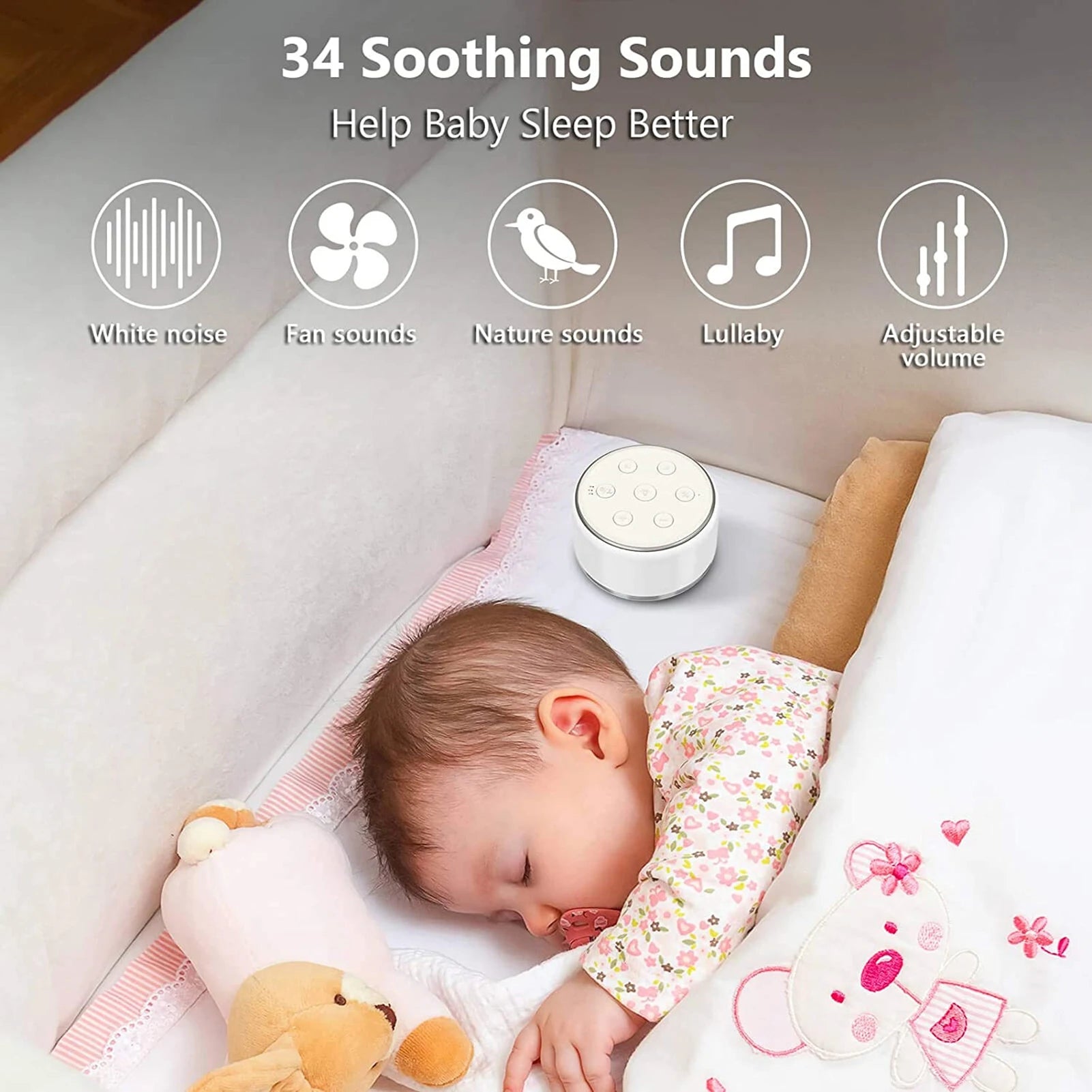 White Noise Machine for Baby – Portable Sleep Sound Machine with 34 Soothing Sounds, 7-Color Night Light, Timer & USB-C Rechargeable
