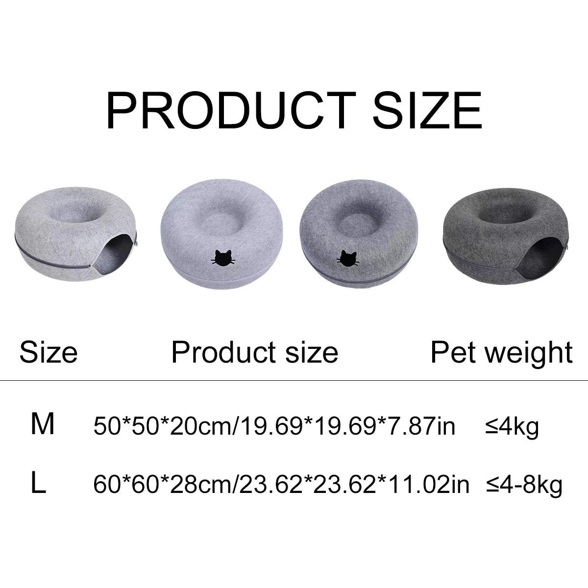 2-in-1 Felt Donut Cat Bed & Tunnel — Foldable Felt Nest with Breather Hole — M 50x50x20 cm (19.7x19.7x7.9 in) / L 60x60x28 cm (23.6x23.6x11.0 in)