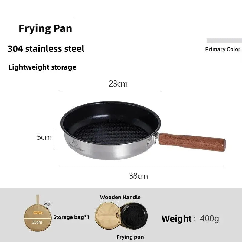 15-Inch (38 cm) Portable Non-Stick Camping Frying Pan with Detachable Wooden Handle Stainless Steel Travel Skillet for Camping & Backpacking