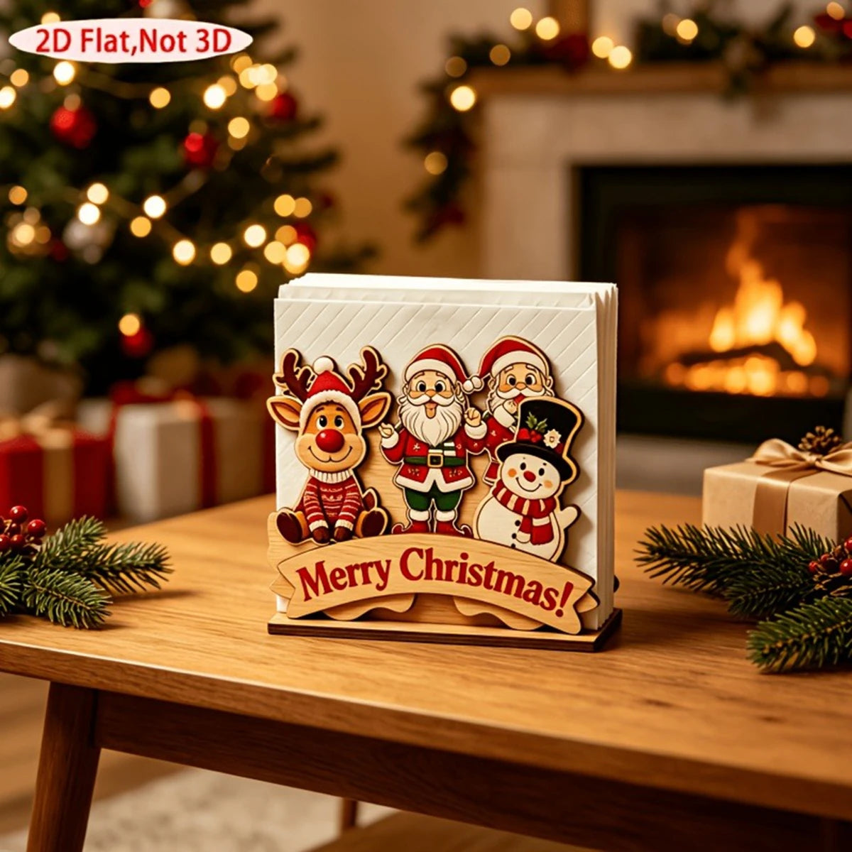 Santa Claus Wooden Napkin Holder - Holiday Tabletop Napkin & Tissue Holder, Christmas Dining Decor
