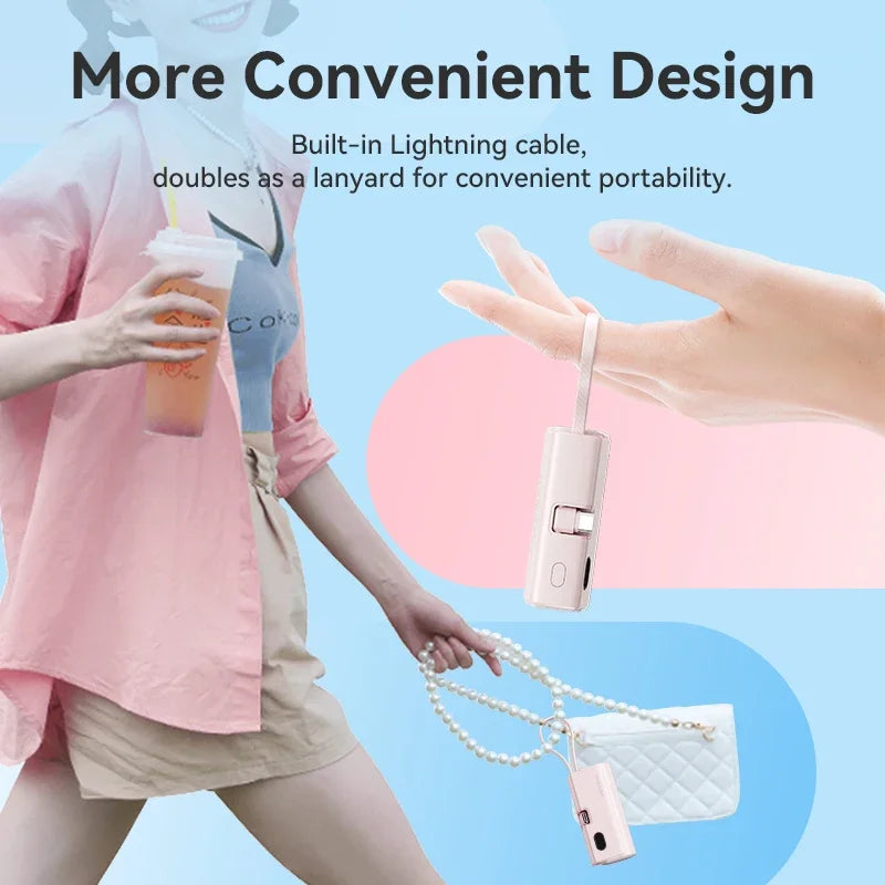 Mini Power Bank 4800mAh 22.5W USB-C PD Portable Charger with Built-In Lightning Cable – Fast External Battery for iPhone Samsung Xiaomi