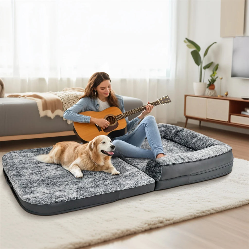 Human-Size Giant Dog Bed 180cm (70.9in) Foldable Orthopedic Plush Pet Bed with Removable Cover & Bolster