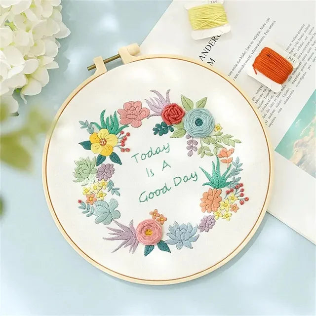 Floral Embroidery Starter Kit for Beginners 20 x 20 cm (7.87 x 7.87 in) DIY Sewing Craft Set with Hoop, Needles & Threads