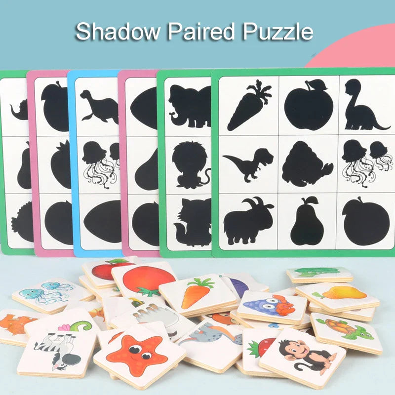 Montessori Wooden Shadow Matching Puzzle – Animal, Fruit & Shape Matching Educational Toy for Kids Ages 3-12