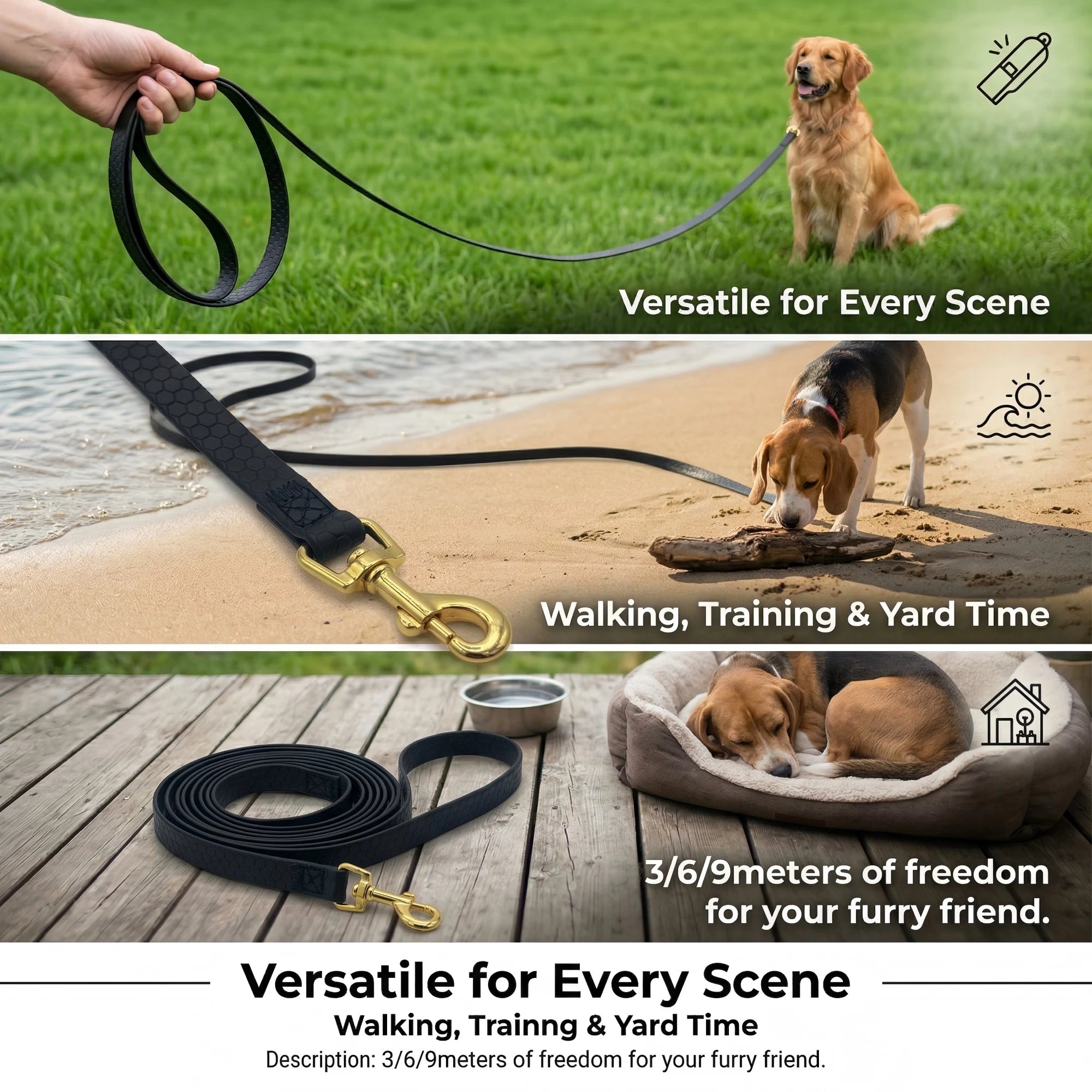 Long Waterproof PVC Dog Leash — 3m / 6m / 9m (10ft / 20ft / 30ft) Training & Walking Rope for Small, Medium & Large Dogs