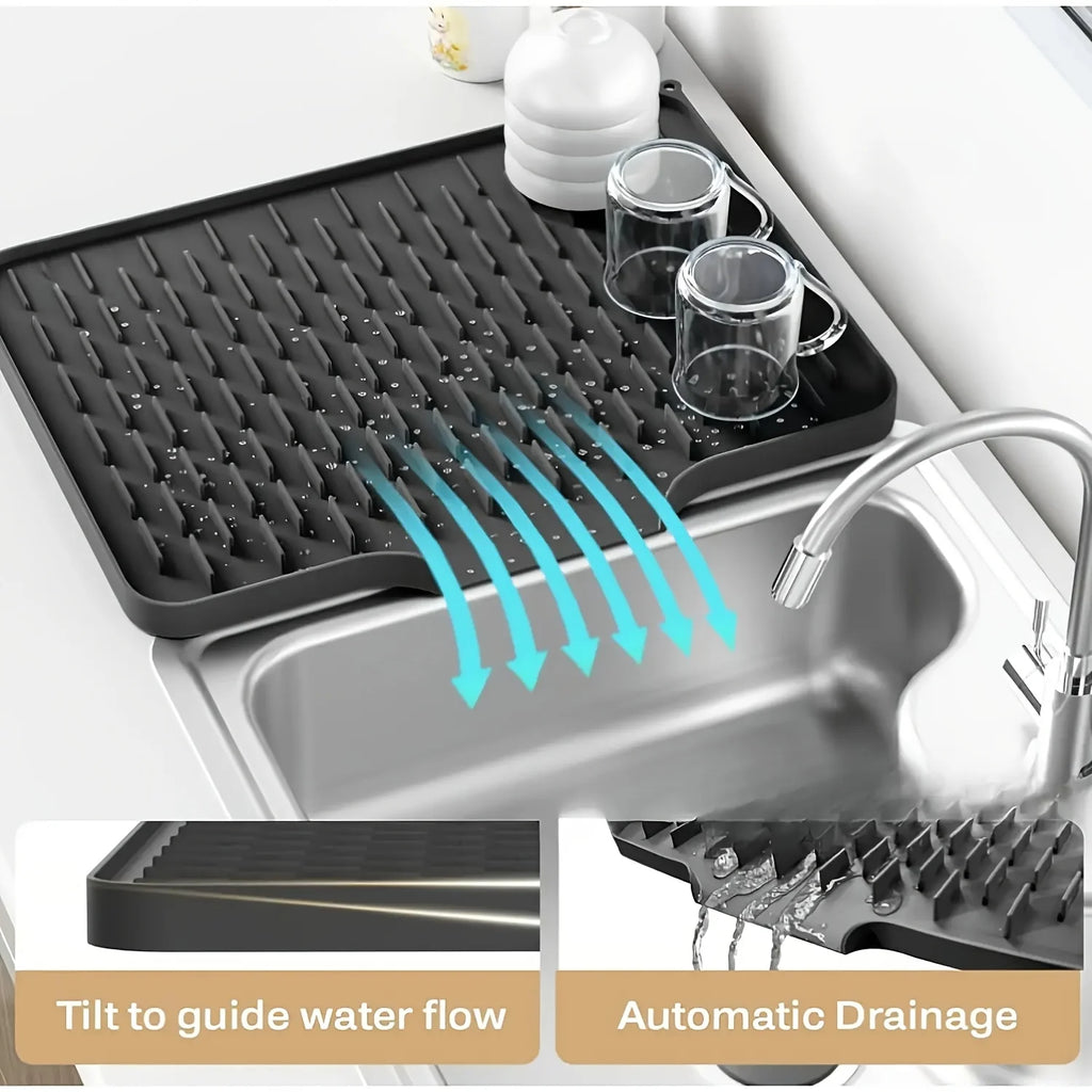 Kitchen Silicone Drain Mat for Countertops, Sinks & Refrigerators, Built-In Drainage, Easy to Clean