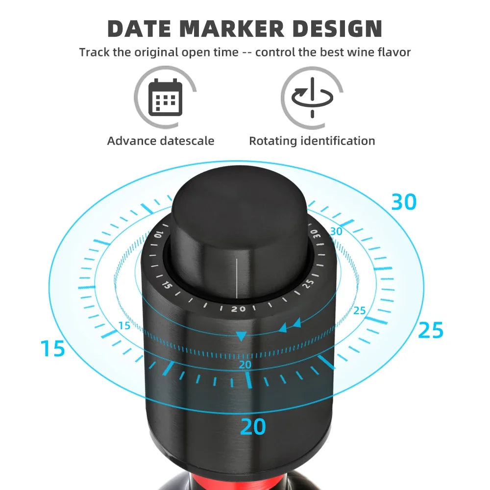 Vacuum Wine Bottle Stopper Pump — 1 or 2-Pack Push-Style Vacuum Seal with Date Marker, Reusable Wine Preserver (Black)
