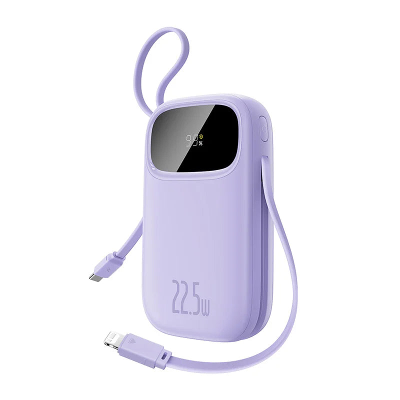 22.5W Fast Charging 10000mAh / 20000mAh Power Bank with Built-In Retractable USB-C & Lightning Cables – Portable Charger for iPhone, Samsung, Xiaomi