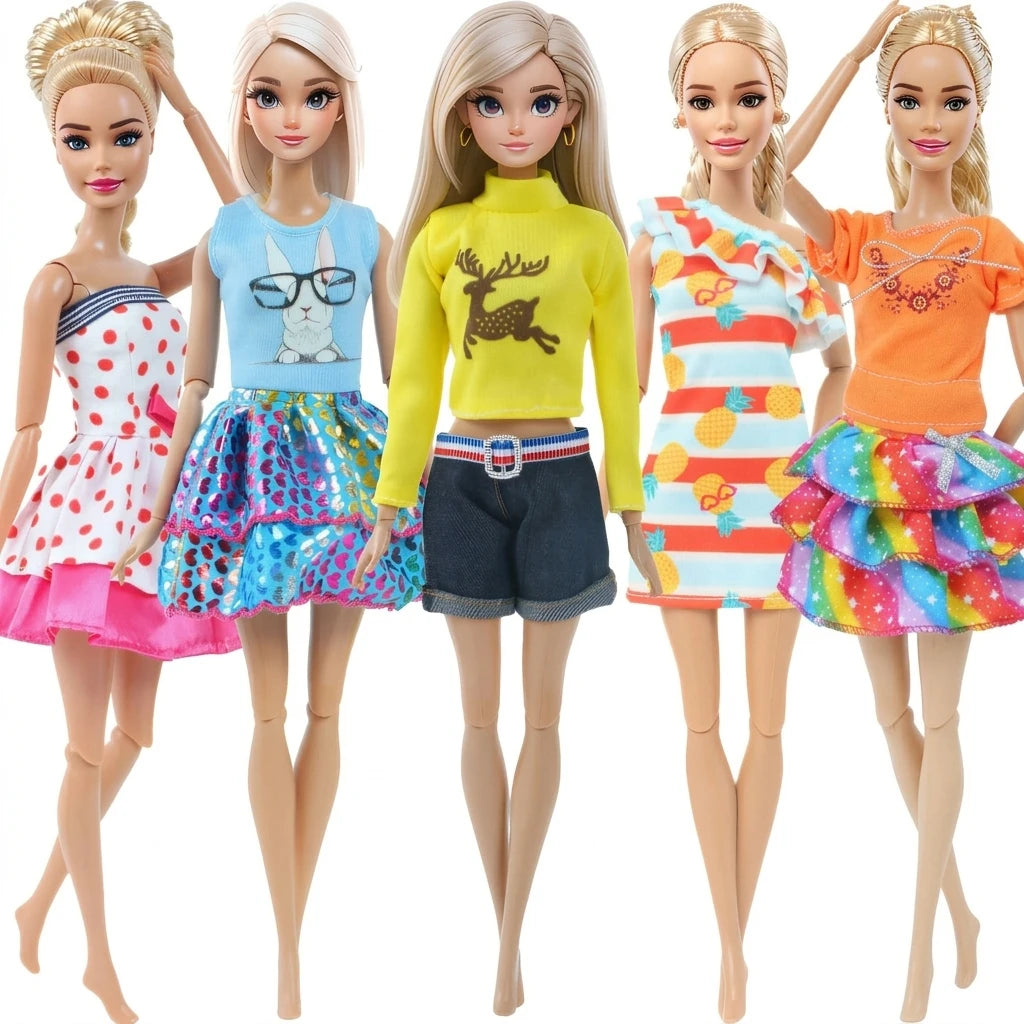 5-Pack Doll Clothes for 11.5–12 in (30 cm) 1/6 Scale Girl Dolls — Dresses, Skirts, Pants & Tops