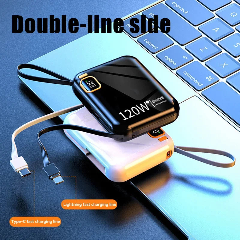 120W 50000mAh Portable Power Bank - Built-in Cables, LED Display & Flashlight, Two-Way Fast Charging for iPhone Samsung