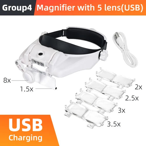 LED Headband Magnifier Hands-Free with Interchangeable Lenses 1.5x–8x for Jewelry, Watch & Electronics Repair