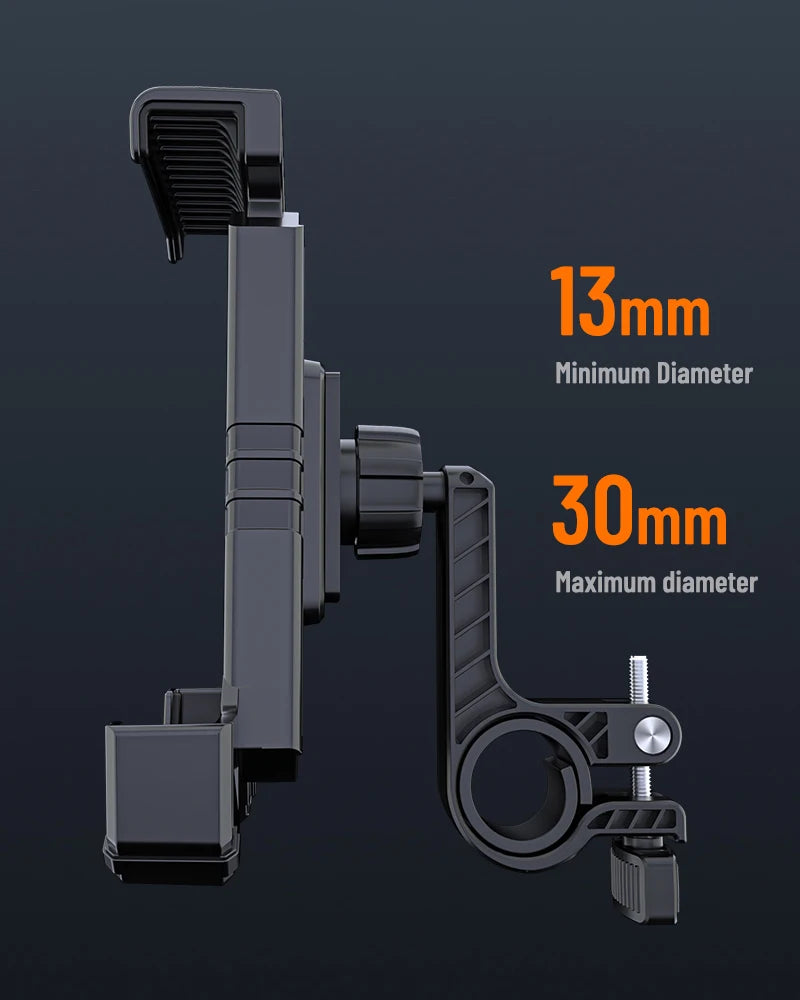 Universal Bike & Motorcycle Phone Holder — Handlebar Mount for 4.7–7.2 in (12–18.3 cm) Smartphones, Fits 13–30 mm (0.51–1.18 in) Handlebars, 360° Rotation