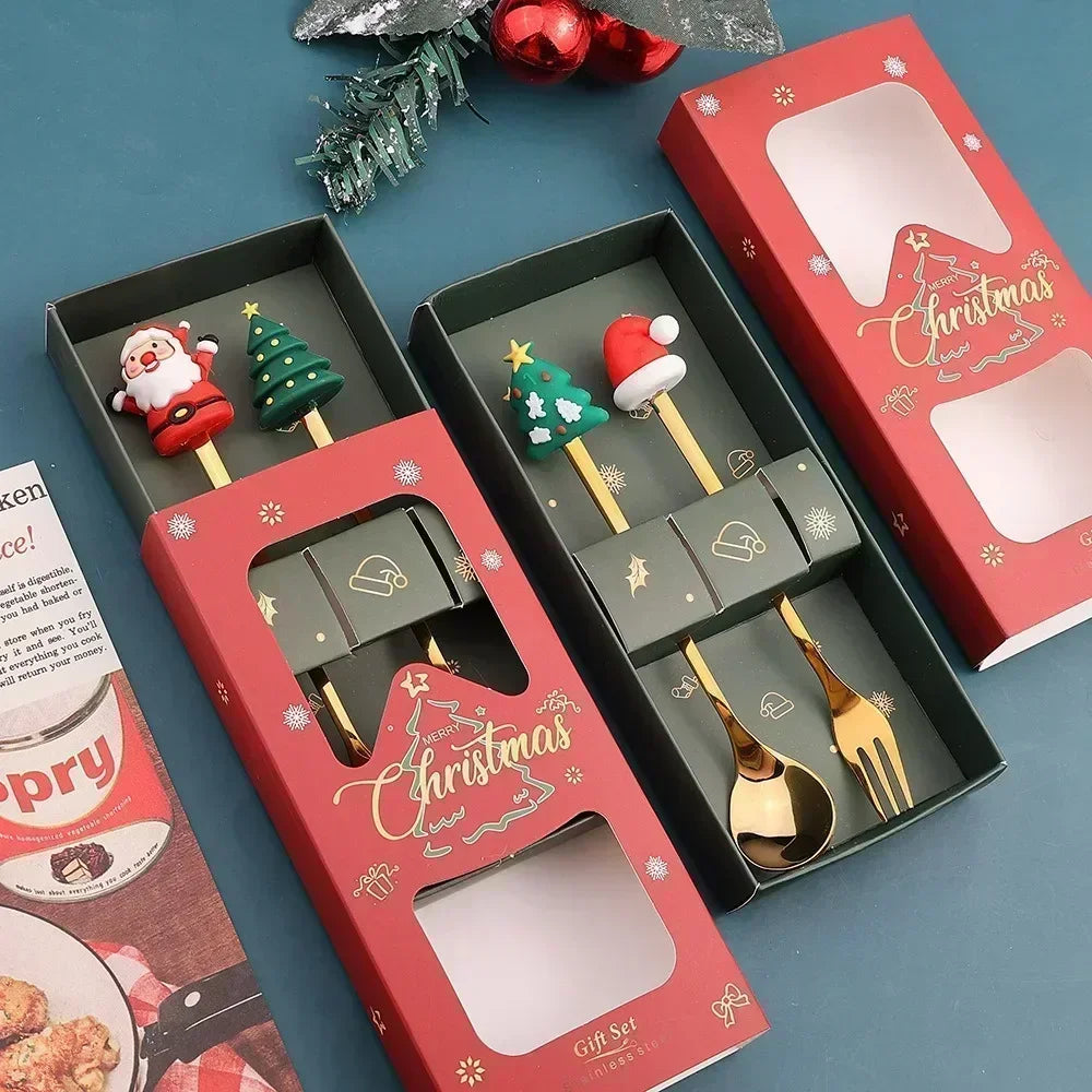 4-Piece Stainless Steel Christmas Cutlery Set – Spoon & Fork Holiday Table Decor with Elk & Tree Ornaments