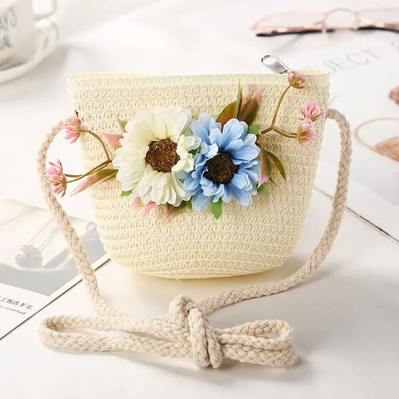 Girls Daisy Straw Mini Messenger Bag, Kids Shoulder Handbag with Coin Purse