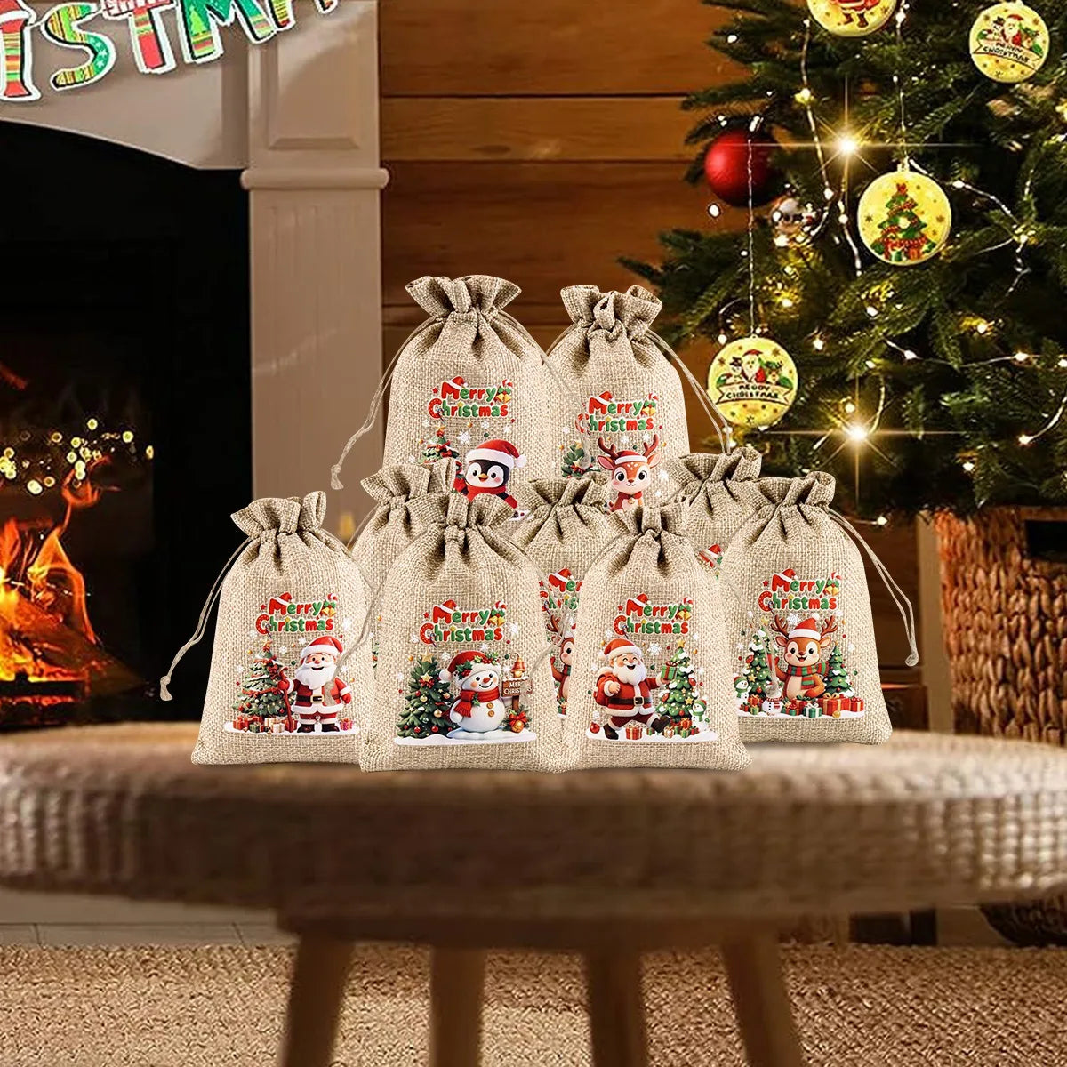 6-Pack Burlap Christmas Gift Bags with Santa & Reindeer Prints, Drawstring Jute Party Favor Bags