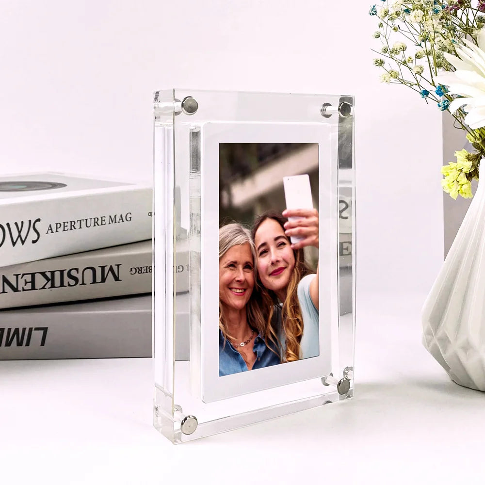 Acrylic Digital Photo Frame 5 in (12.7 cm) / 7 in (17.8 cm) IPS – 1000mAh Rechargeable, Type-C Upload, 2–8GB Memory, Vertical & Horizontal Playback