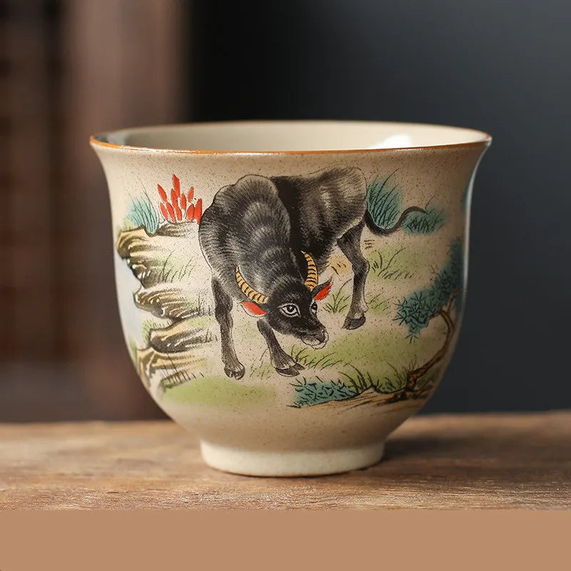 Handmade Zodiac Ceramic Teacup 110ml (3.7 fl oz) Vintage Pottery Tea Bowl for Meditation & Gongfu Tea