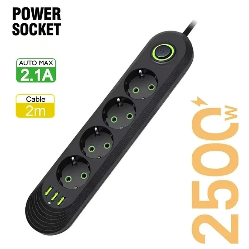 2500W EU Power Strip — 5-Outlet Extension Cord with 3 USB Ports, 2.0m (6.6ft) Cable, Overload Protection