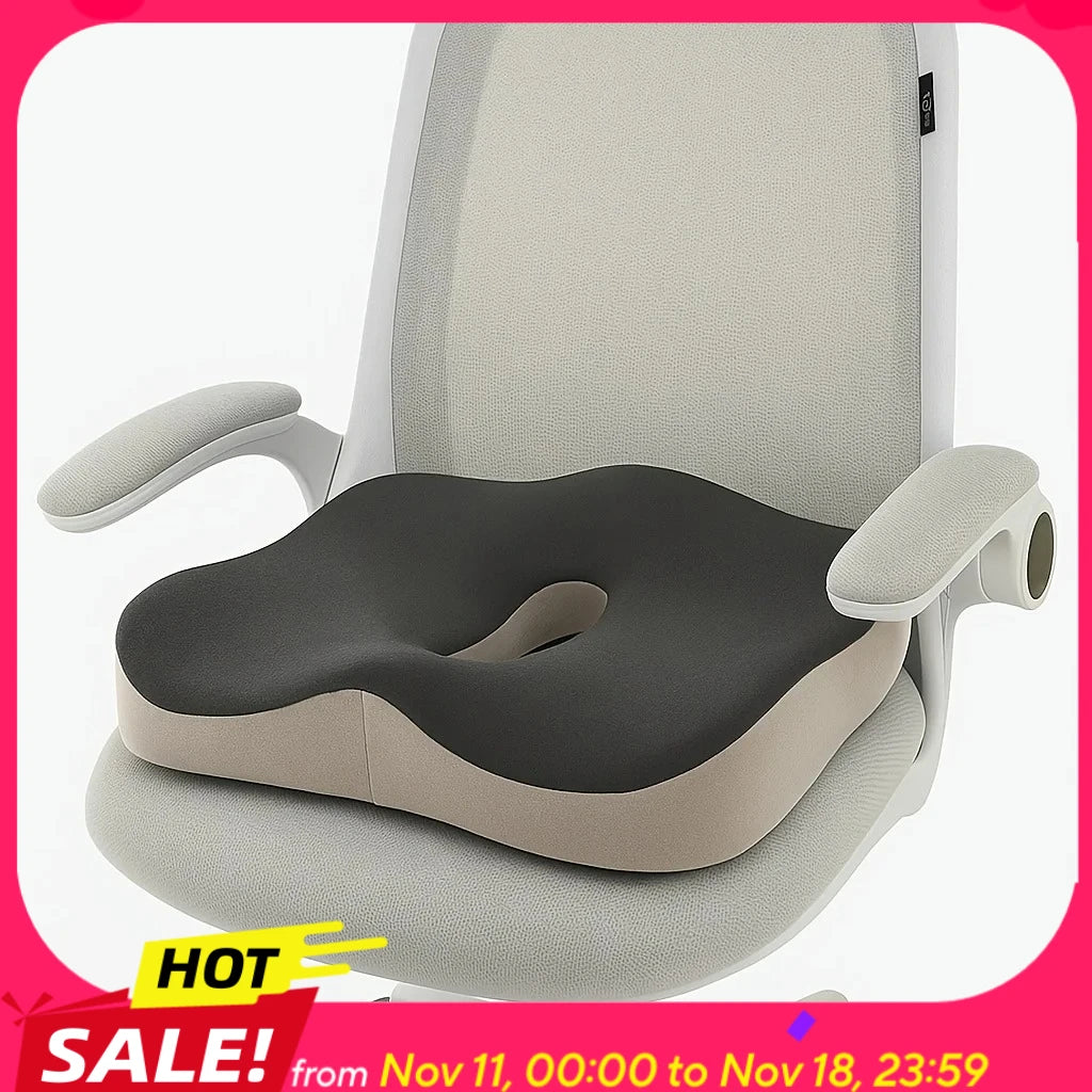 Memory Foam Seat Cushion with Center Groove – 3D Ergonomic Pressure Relief, Non-Slip Washable Cover for Office, Car & Home (Black/Grey)