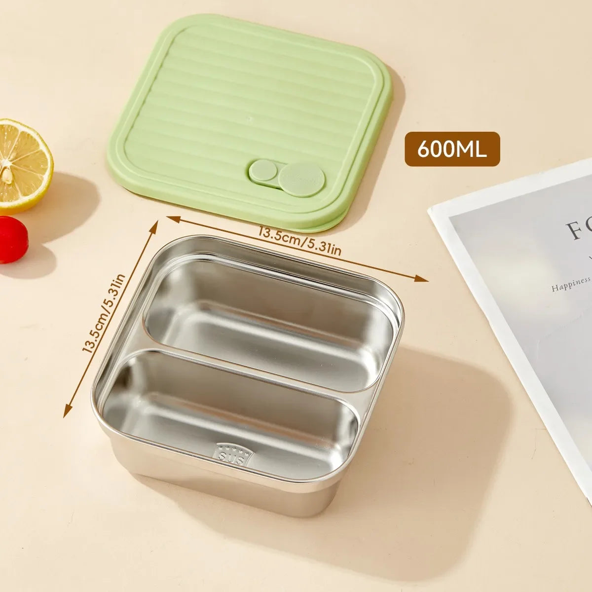 304 Stainless Steel Bento Box - Divided Airtight Lunch Box with Lid, Leakproof Meal Prep Container for Kids & Students