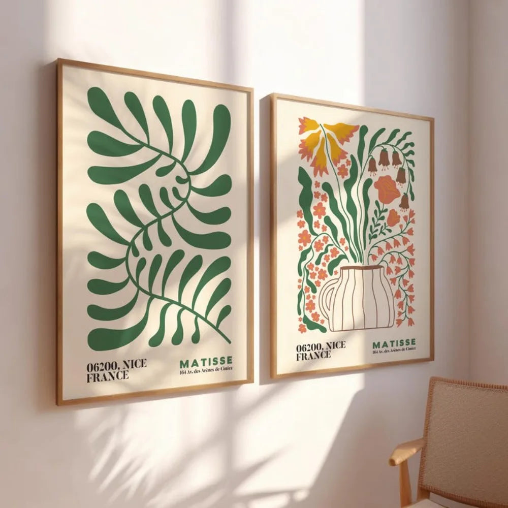 2-Piece Frameless Matisse Floral Canvas Prints - Bohemian Mid-Century Modern Wall Art for Bedroom & Living Room