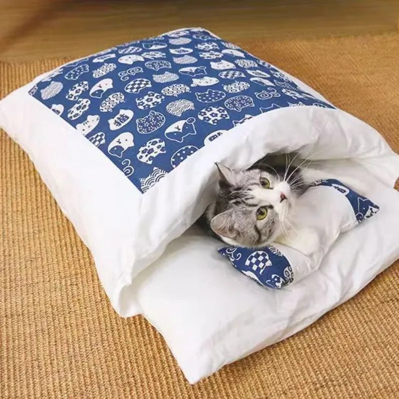 Kawaii Cat Cave Bed with Removable Cover – Plush Pet House for Cats & Small Dogs (S/M/L, 45–65 cm / 17.7–25.6 in)