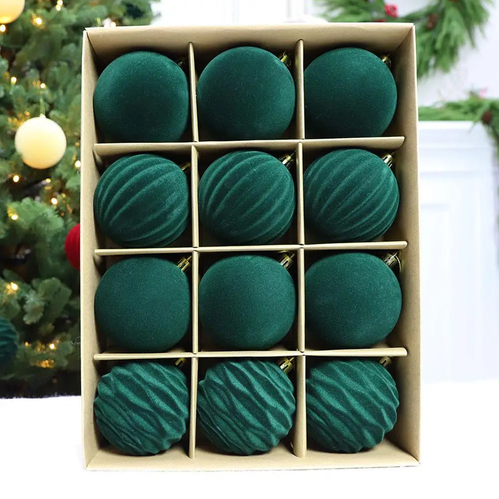 Velvet Flocked Christmas Balls 12-Pack Green Ornaments for Christmas Tree Holiday Decor