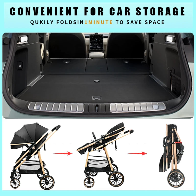 3-in-1 Luxury Baby Stroller Foldable Portable Travel Stroller with Aluminum Frame Reversible Lay-Flat Seat for Newborn