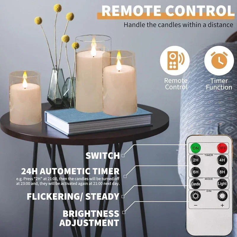 3-Piece Acrylic Flameless LED Candles with Remote & Timer, Flickering Battery-Operated Clear Glass Effect for Wedding, Party & Christmas