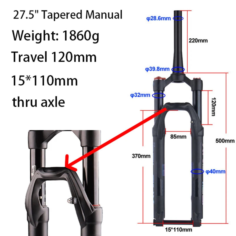 27.5/29-inch Boost Mountain Bike Suspension Fork - 34mm (1.34in) Tapered Stanchion, 120/140mm (4.7/5.5in) Travel, 15x100/110mm Thru-Axle, Adjustable Rebound and Lockout