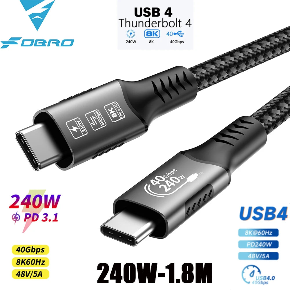 USB4 Thunderbolt 4 USB-C to USB-C Cable — 40Gbps, 240W (48V/5A) PD 3.1, 8K@60Hz Video, Thunderbolt 3 Compatible