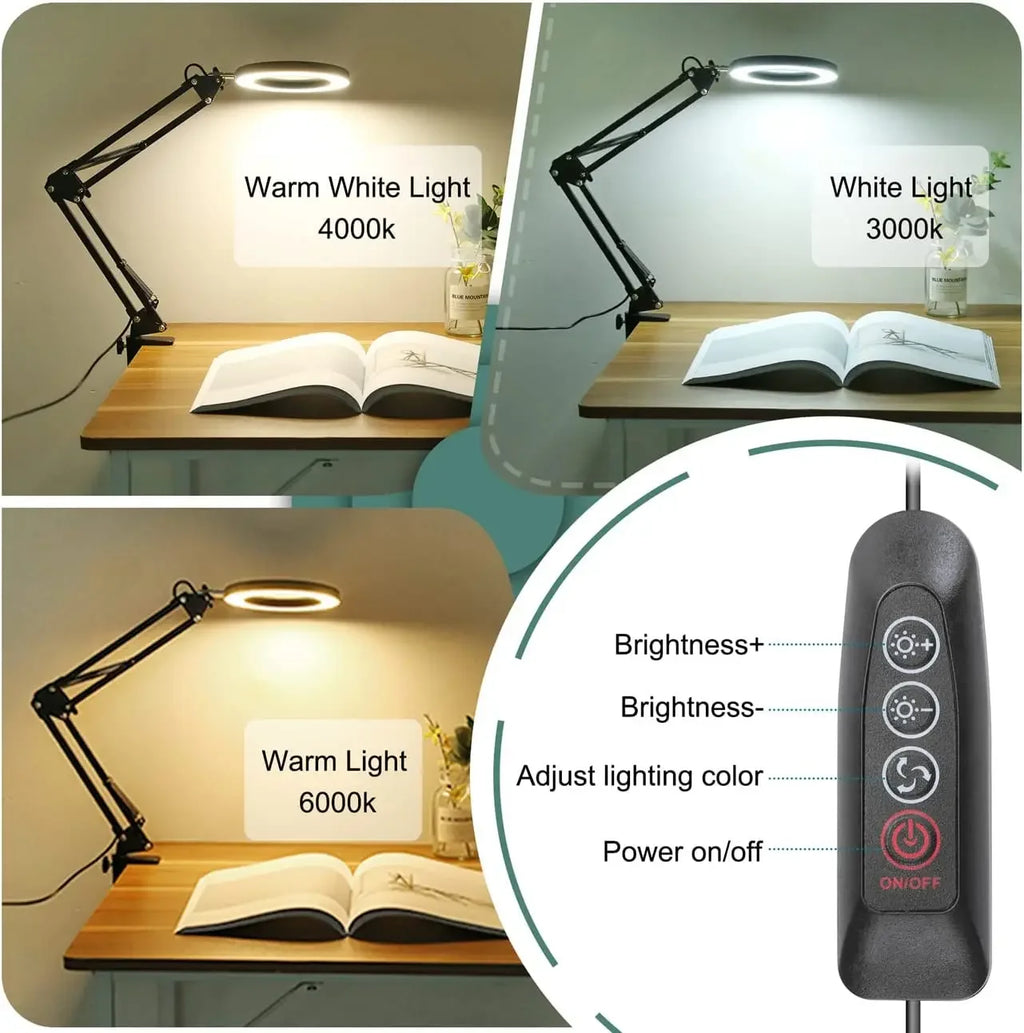5X LED Magnifying Lamp with 4.3-inch (110 mm) Lens — 72 LED USB Dimmable 3-Color Clamp Magnifier for Soldering, Reading, Beauty & Crafts