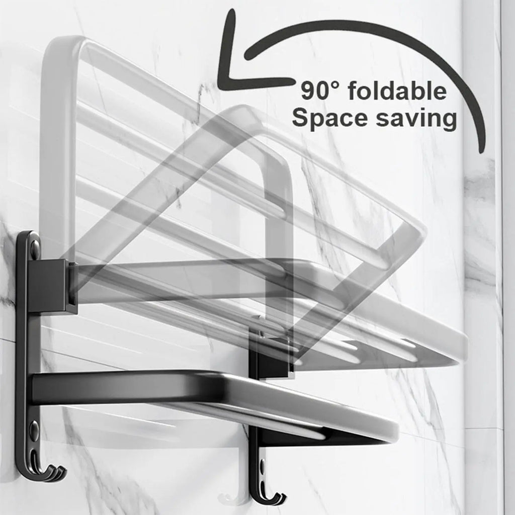 50 cm (19.7 in) Matte Black Folding Wall-Mount Aluminum Towel Rack with Hook, Double Bar